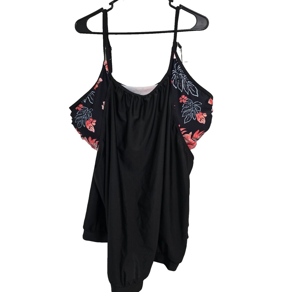 Hanna Nikole Womens Size 26W Swimsuit Top Black Floral NWT